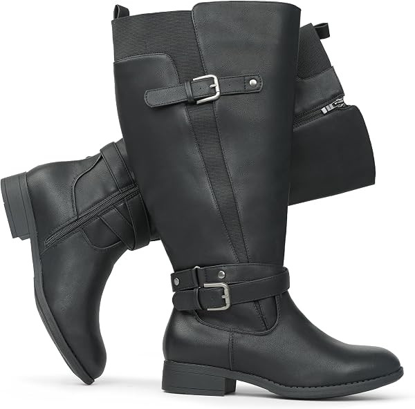 Women's Extra Wide Calf Low Heel Ankle Strap Sleek Design Knee High Riding Boots | Amazon (US)