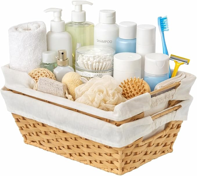 Waterproof Wicker Storage Basket with Liner and Handles, Washable Plastic Woven Basket, Wide Open... | Amazon (US)