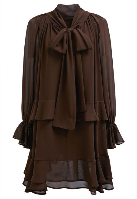 Airy Self-Tie Bowknot Tiered Ruffle Chiffon Dress in Brown | Chicwish