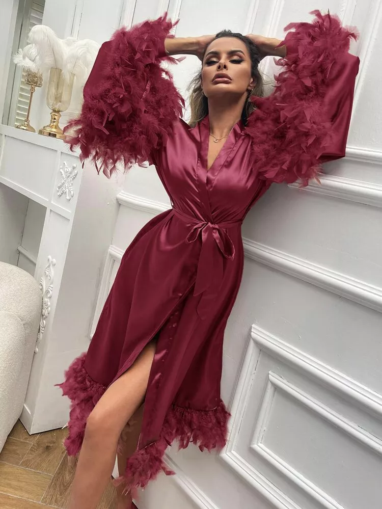 Fuzzy Trim Belted Satin Robe curated on LTK