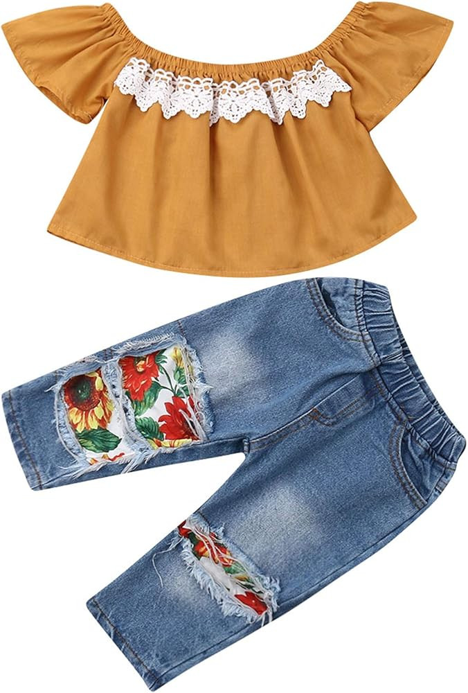 Lefyira Toddler Baby Girl Jeans Outfits Off Shoulder Tube Top Ruffle Sunflower Shirt Ripped Jeans... | Amazon (US)