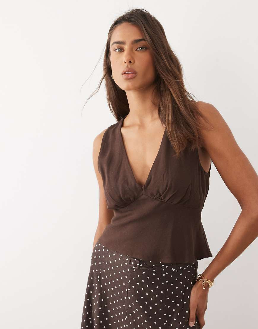 ASOS DESIGN linen blend halter top in chocolate-Brown | ASOS (Global)