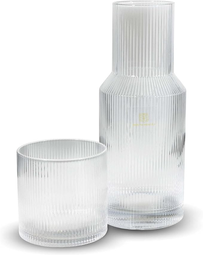 Bruno Magli Ribbed Carafe | 2-Pc Set | Drinking Glass Tumbler Doubles as a Lid | Elegant Nightsta... | Amazon (US)