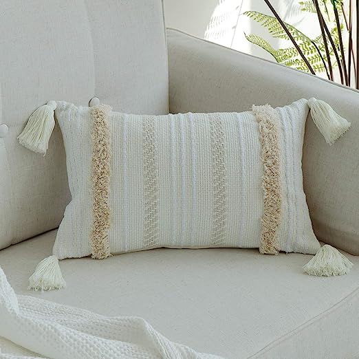 blue page Tufted Boho Lumbar Throw Pillow Cover with Tassels Decorative Linen Pillowcase Textured... | Amazon (US)