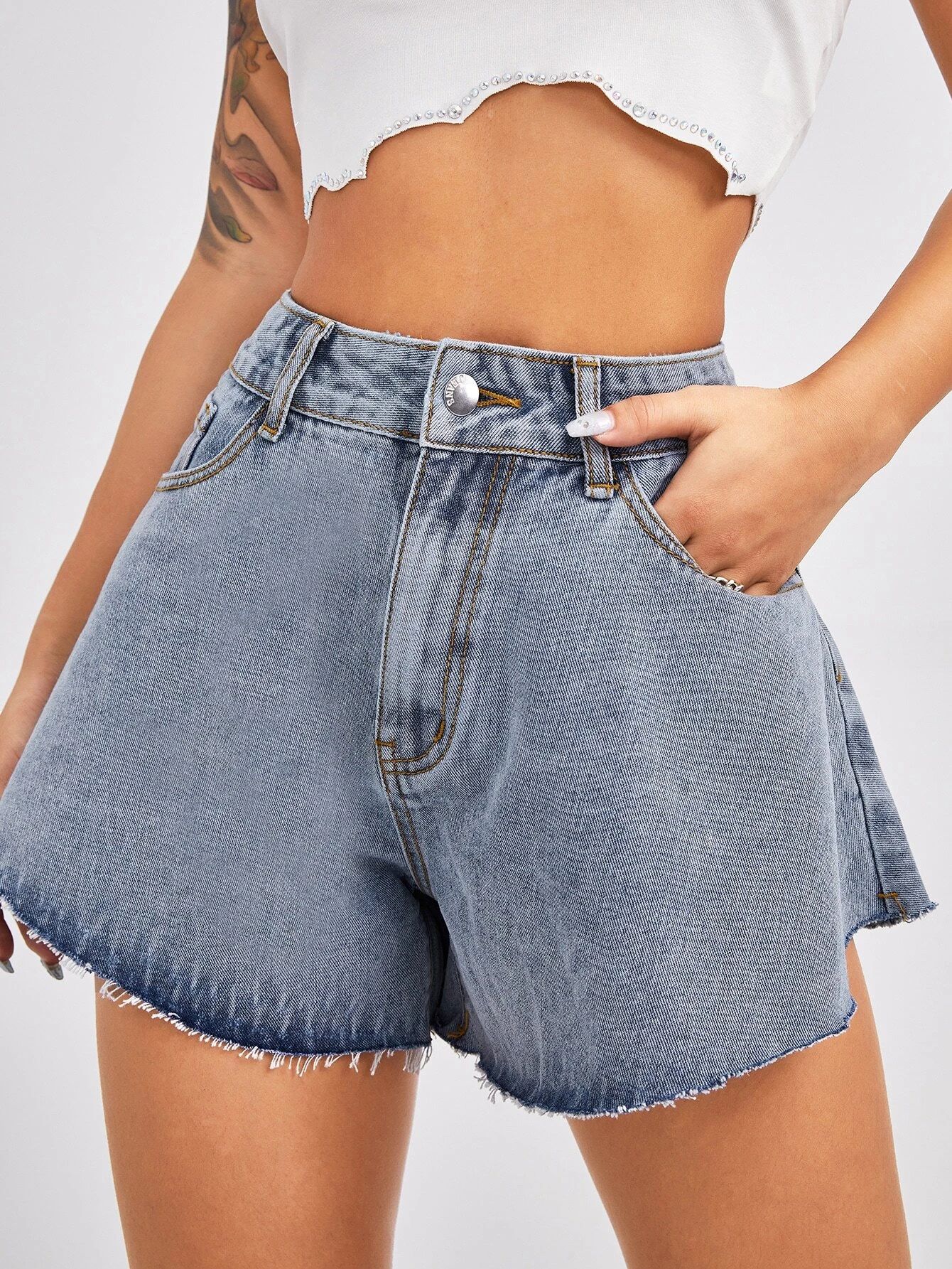 Bleach Wash Raw Hem Wide Leg Denim Shorts | SHEIN