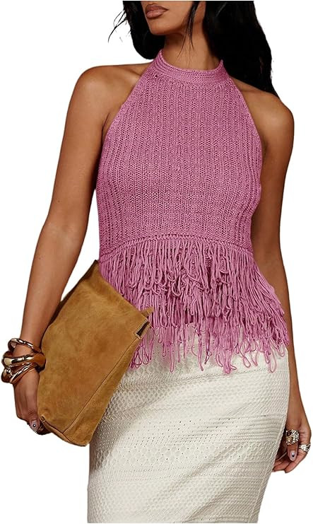 SweatyRocks Women's Boho Fringe Halter Tops Sleeveless Open Back Summer Knit Crochet Tank Top | Amazon (US)