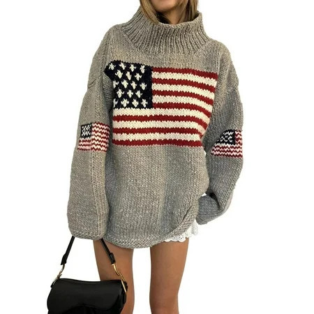 Women'S Flag Pattern Long Sleeve Round Neck Sweater Casual Loose Pullover Sweater Gray XL | Walmart (US)