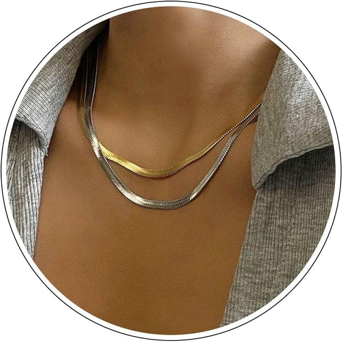 Gold Choker Necklace Dainty Cuban Link Necklace Simple Flat Snake Chain Necklace Layered Herringb... | Amazon (US)