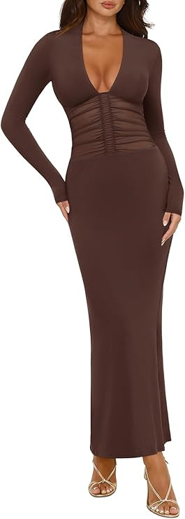 REORIA Women's Sexy Deep V Neck Long Sleeve Dress Mesh Sheer Ruched See Through Bodycon Maxi Long... | Amazon (US)