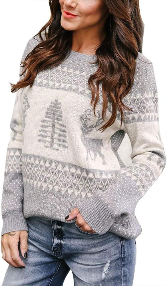 EXLURA Patterns Reindeer Ugly Christmas Sweater Jumper Pullover Tops | Amazon (US)