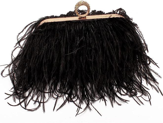 Women Real Natural Ostrich Feather Evening Bags Purses Clutch Vintage Banquet Handbag | Amazon (US)