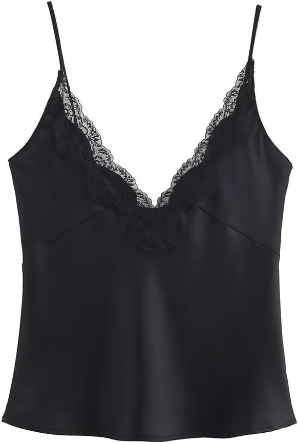 Women Sexy Deep V Neck Silk Satin Crop Cami Top Trendy Slim Fit Spaghetti Strap Backless Lace Trim Tank Top | Amazon (US)