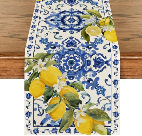Artoid Mode Lemon Blue and White Porcelain 210 GSM Summer Table Runner, Seasonal Spring Kitchen D... | Amazon (US)
