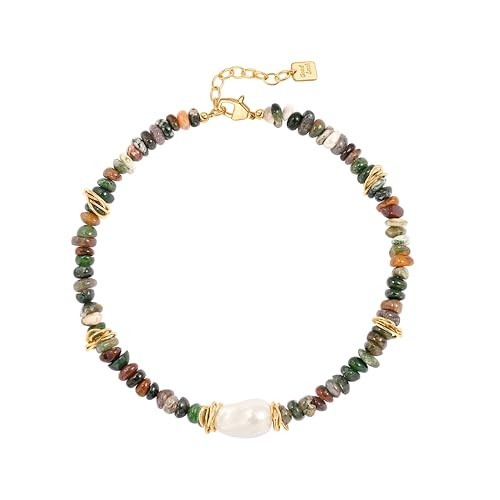 PEARLADA Chunky Irregular Indian Agate Necklace, Statement Big Baroque Pearl Choker, Boho Green Beaded Stone Jewelry | Amazon (US)