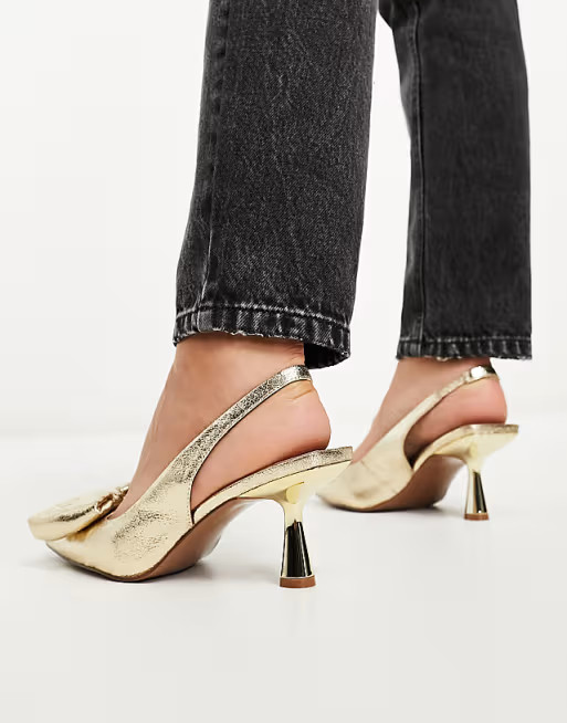 ASOS DESIGN Wide Fit Scarlett bow detail mid heeled shoes in gold | ASOS (Global)