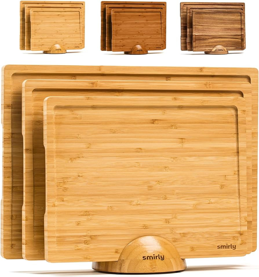 SMIRLY Wood Cutting Boards For Kitchen - Bamboo Cutting Board Set with Holder, Wood Cutting Board... | Amazon (US)