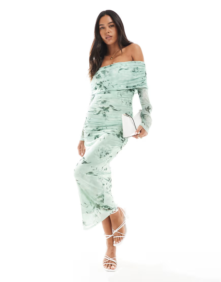 New Look bardot long sleeve mesh midi dress in green pattern | ASOS (Global)