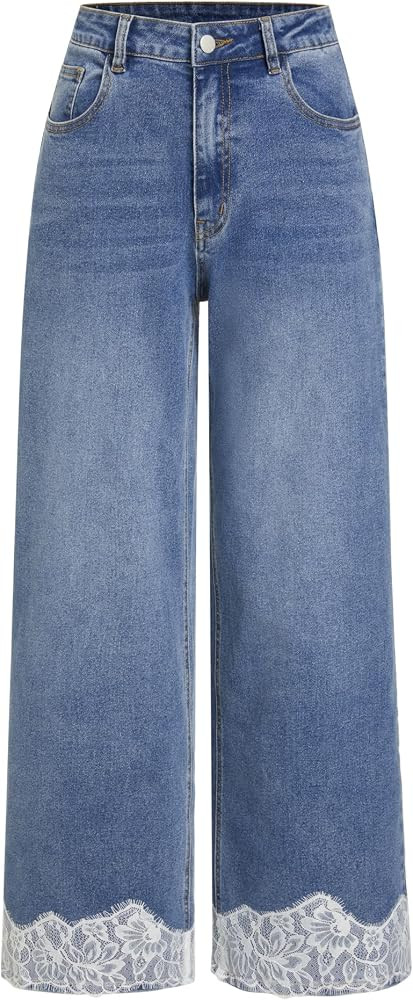 CIDER Women's Wide Leg Jeans Floral Lace Hem Denim Y2k Pants with Pockets | Amazon (US)