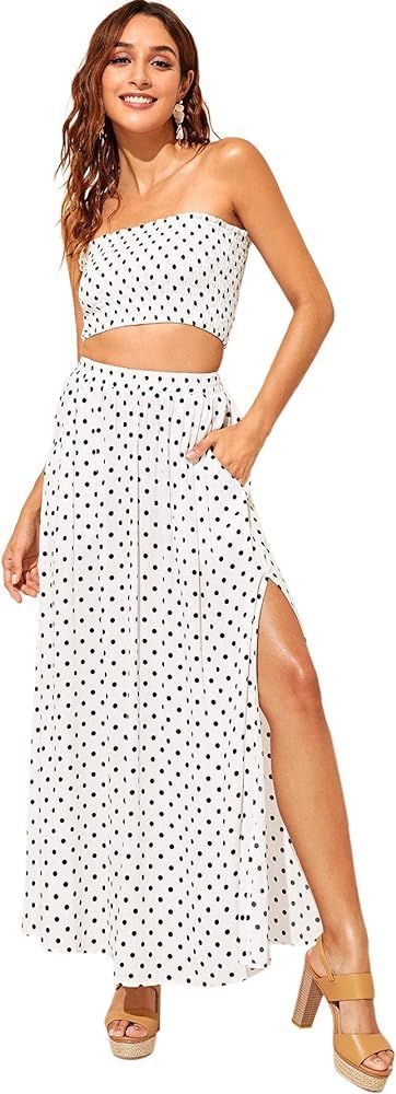 Floerns Women's 2 Piece Outfit Polka Dots Crop Top and Long Skirt Set with Pockets | Amazon (US)