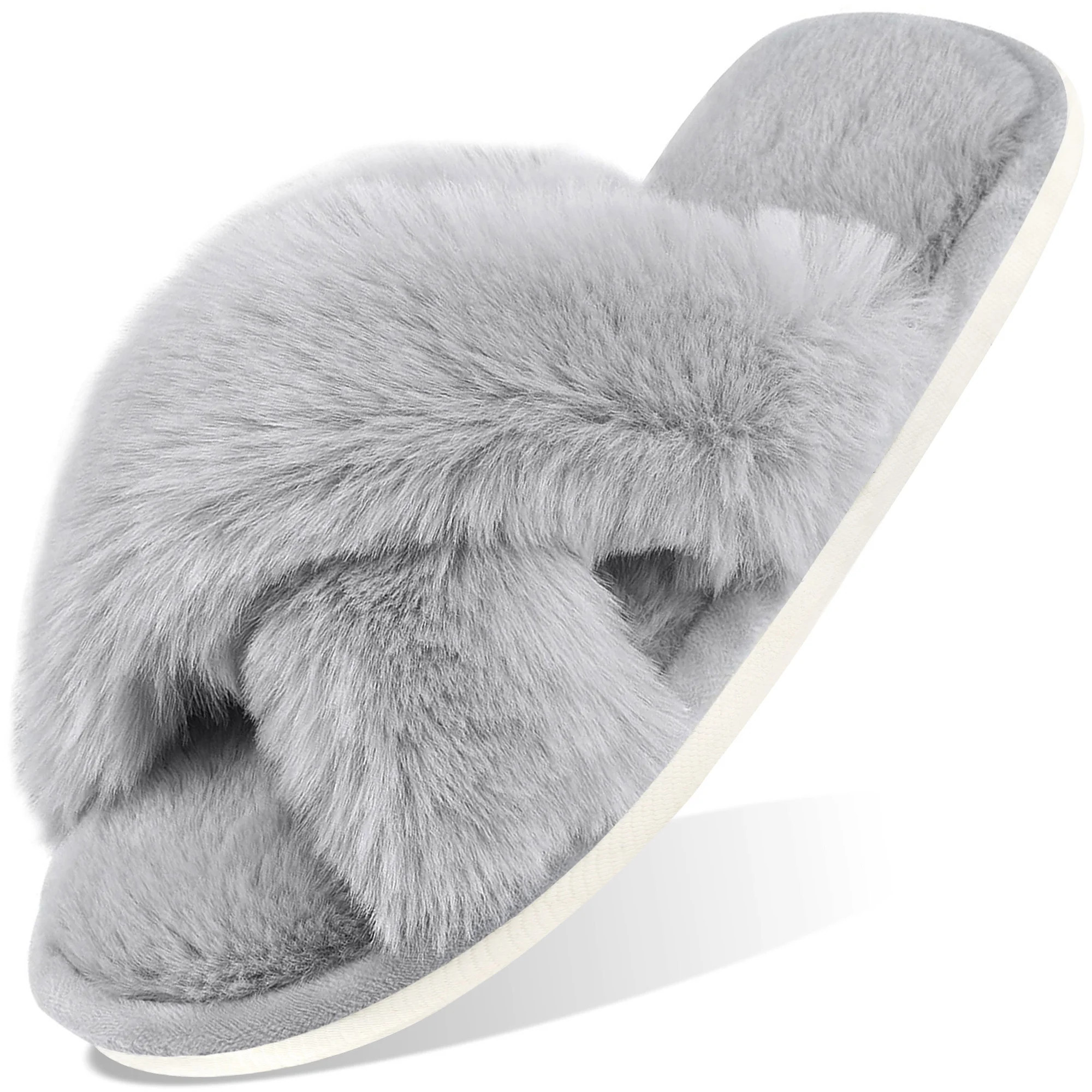 Ecetana Women's Fuzzy Slippers Cross Band Memory Foam House Shoes Open Toe | Walmart (US)