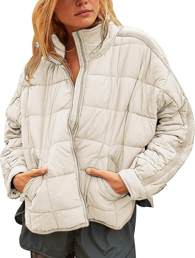 Women's Oversized Splice Quilted Lightweight Puffer Jacket Casual Padded Coat | Amazon (US)
