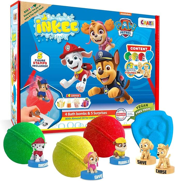 INKEE Paw Patrol Gift Box - 4 Kids Bath Bombs with Toys Inside, Bath Toys Set with 5 Surprise paw Patrol Figures - Almond Oil enriched | Amazon (UK)