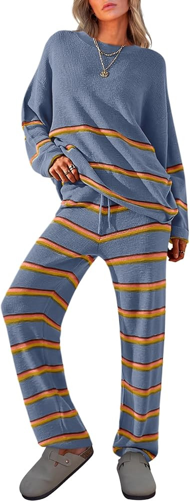 Caracilia Women's 2 Piece Outfits Sweater Sets Striped Oversized Sweaters Knit Wide Leg Pant Loun... | Amazon (US)