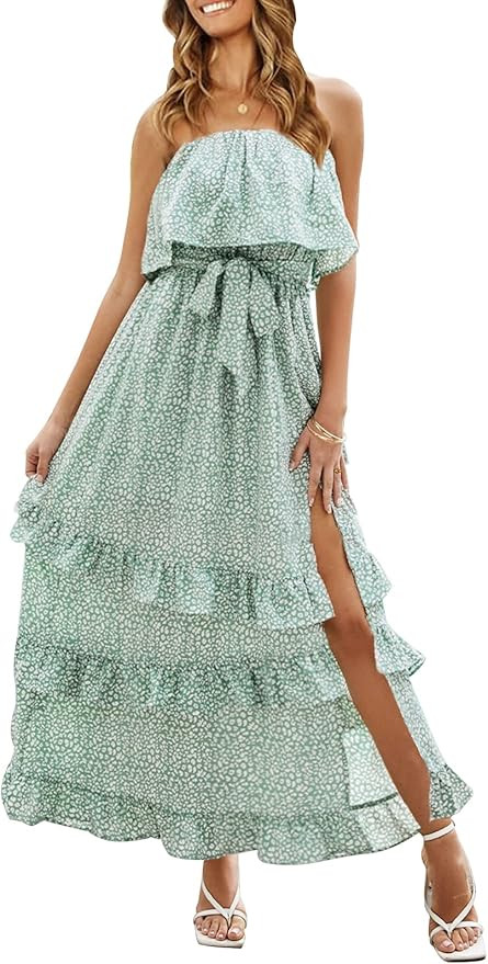 YORGOS Women's Summer Bohemia Floral Strapless Long Maxi Dress Ruffles Side Slit with Belt | Amazon (US)