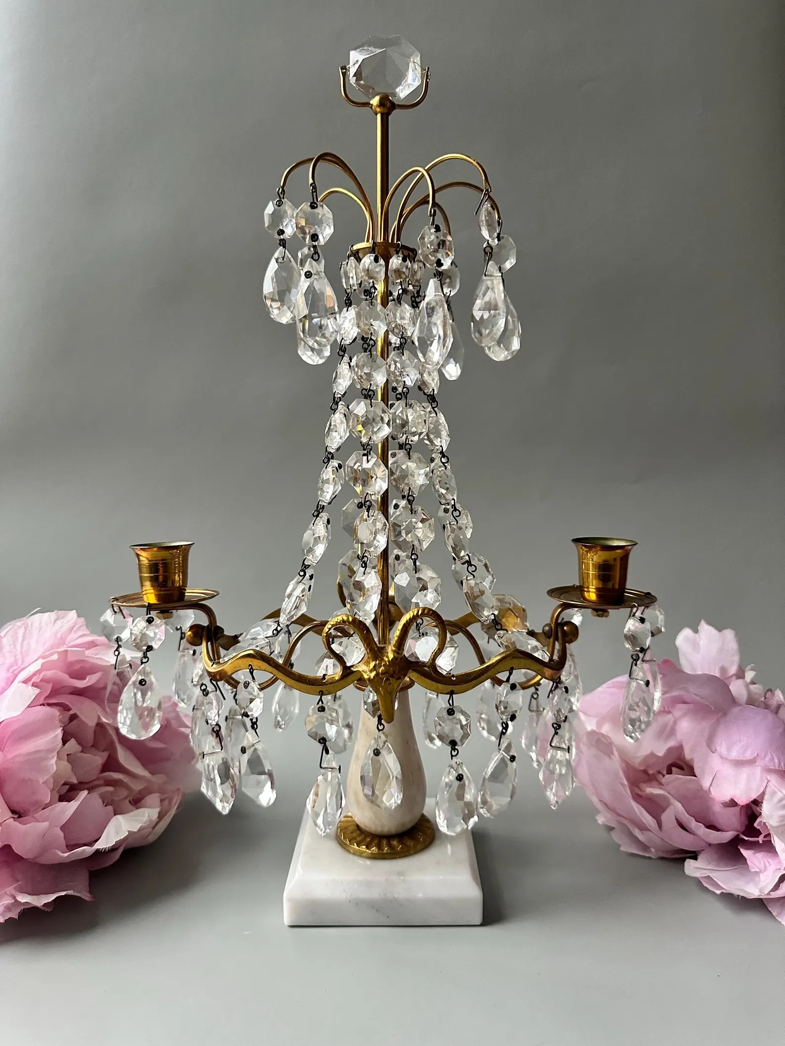 Antique Brass and Marble Taper Candle Holder With Crystals / Ornate Candelabra / Table Chandelier... | Etsy (US)