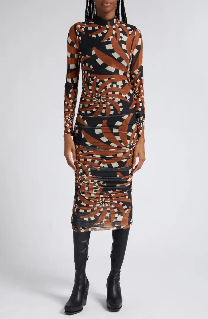 Bandana Mixed Geo Print Long Sleeve Mesh Midi Dress | Nordstrom