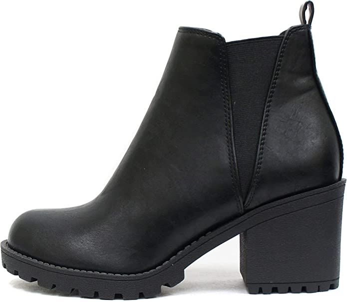 Soda ORIGAMI ~ WOMEN LUG SOLE MID HEEL FASHION ANKLE BOOTIE W/DOUBLE ELASTIC GORE | Amazon (US)