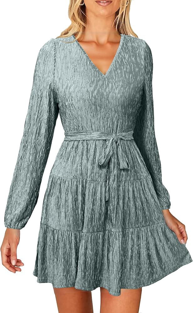 Simplee Womens Velvet Long Sleeve V Neck Fall Dress Tiered Flowy Mini Cocktail Dress Winter Casua... | Amazon (US)