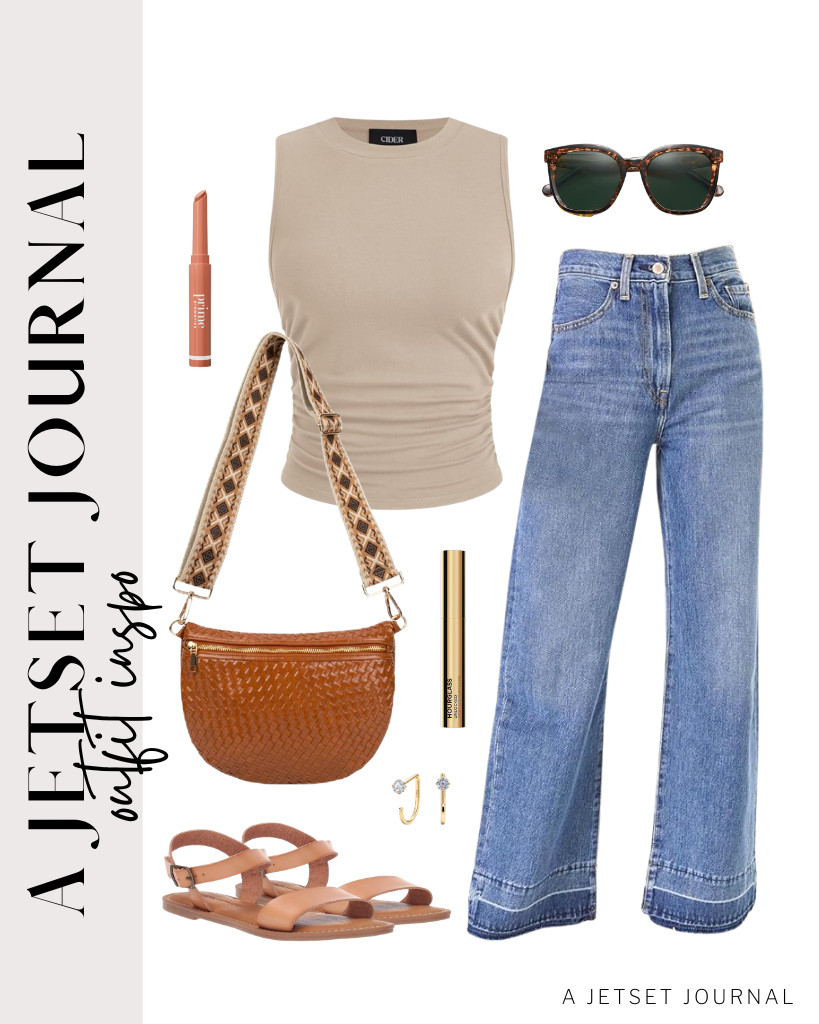 Cider’s sleeveless crop top paired with wide-leg jeans is our first outfit. It matches this textured woven bum bag and Amazon Essentials’ ankle-strap slingback sandals. You can finish the look with trendy polarized sunnies and a plumping lip balm from Prime Prometics that many people are raving about these days.

#LTKSeasonal #LTKSaleAlert #LTKTravel 

 