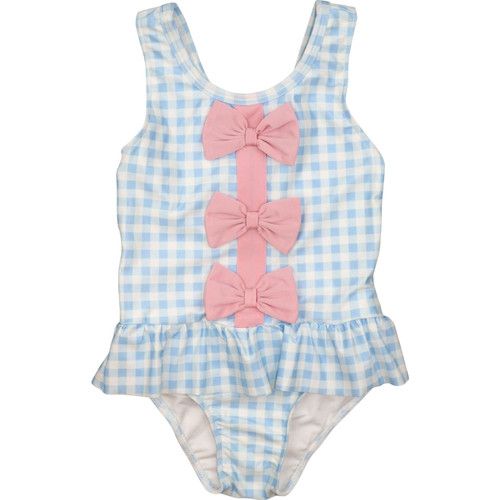 Blue Check Lycra Bow Swimsuit | Cecil and Lou