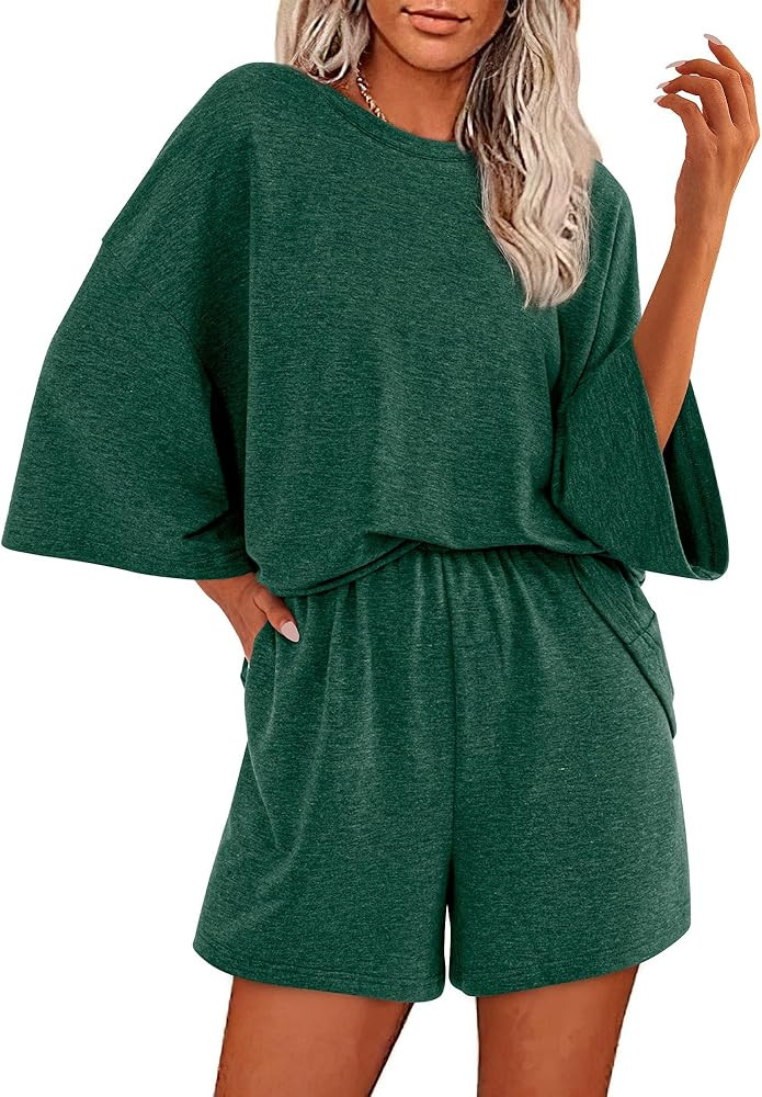 BTFBM Women Summer 2 Piece Outfits 2025 Matching Set Casual 3/4 Sleeve Tops Elastic Waist Shorts ... | Amazon (US)