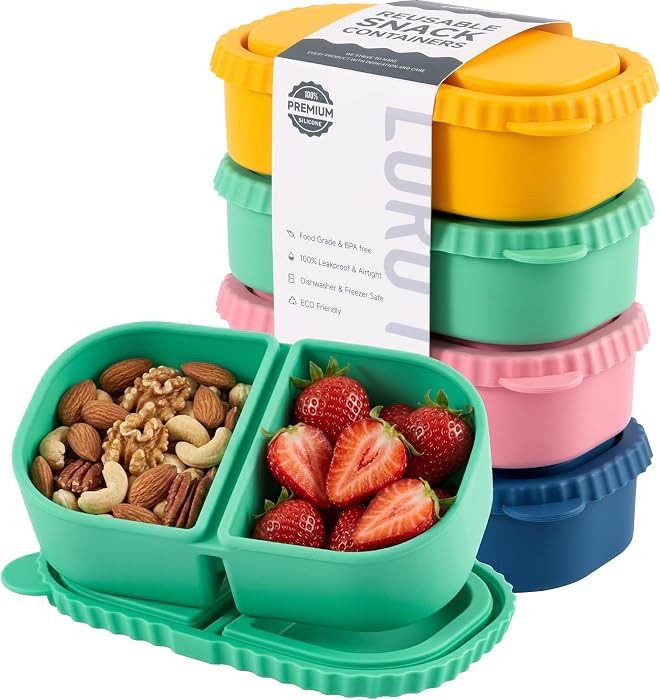 4 Pack Silicone Reusable Snack Containers with Lids - 8 oz Double Compartment Snackle Box for Kid... | Amazon (US)
