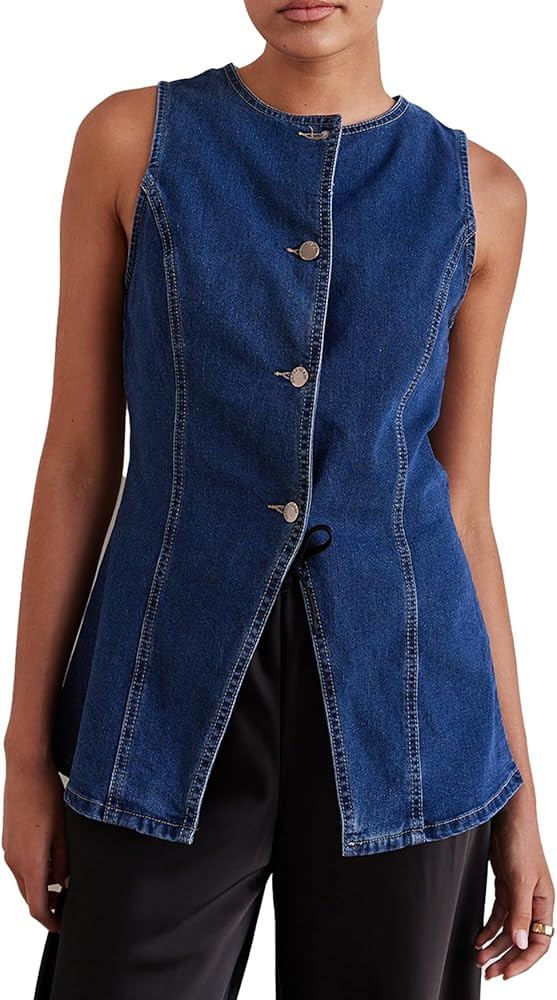 Women’s Long Denim Vest Waistcoat Vest Sleeveless Button-Up Back Slit Jean Jacket Vest Y2k Clot... | Amazon (US)