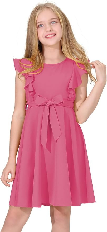 Quedoris Girls Ruffle Trim Dress Print and Solid Color A-line Swing Flared Belted Casual Party Dr... | Amazon (US)