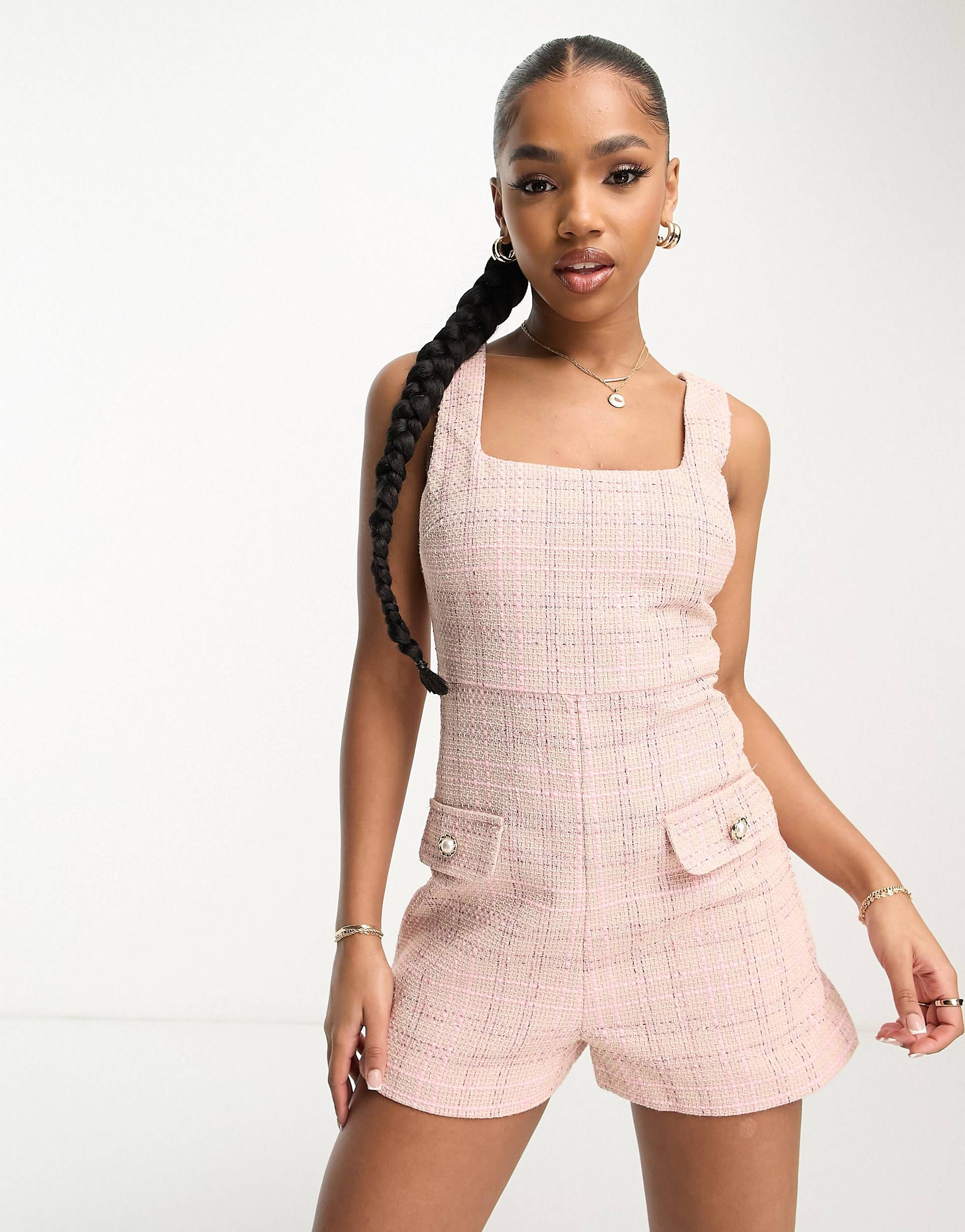 Miss Selfridge boucle check romper in pink check - part of a set | ASOS (Global)
