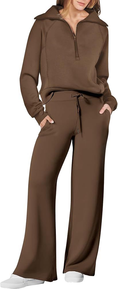 ANRABESS Women 2 Piece Outfits Sweatsuit Set Oversized Half Zip Sweatshirt Wide Leg Sweatpant Mat... | Amazon (US)