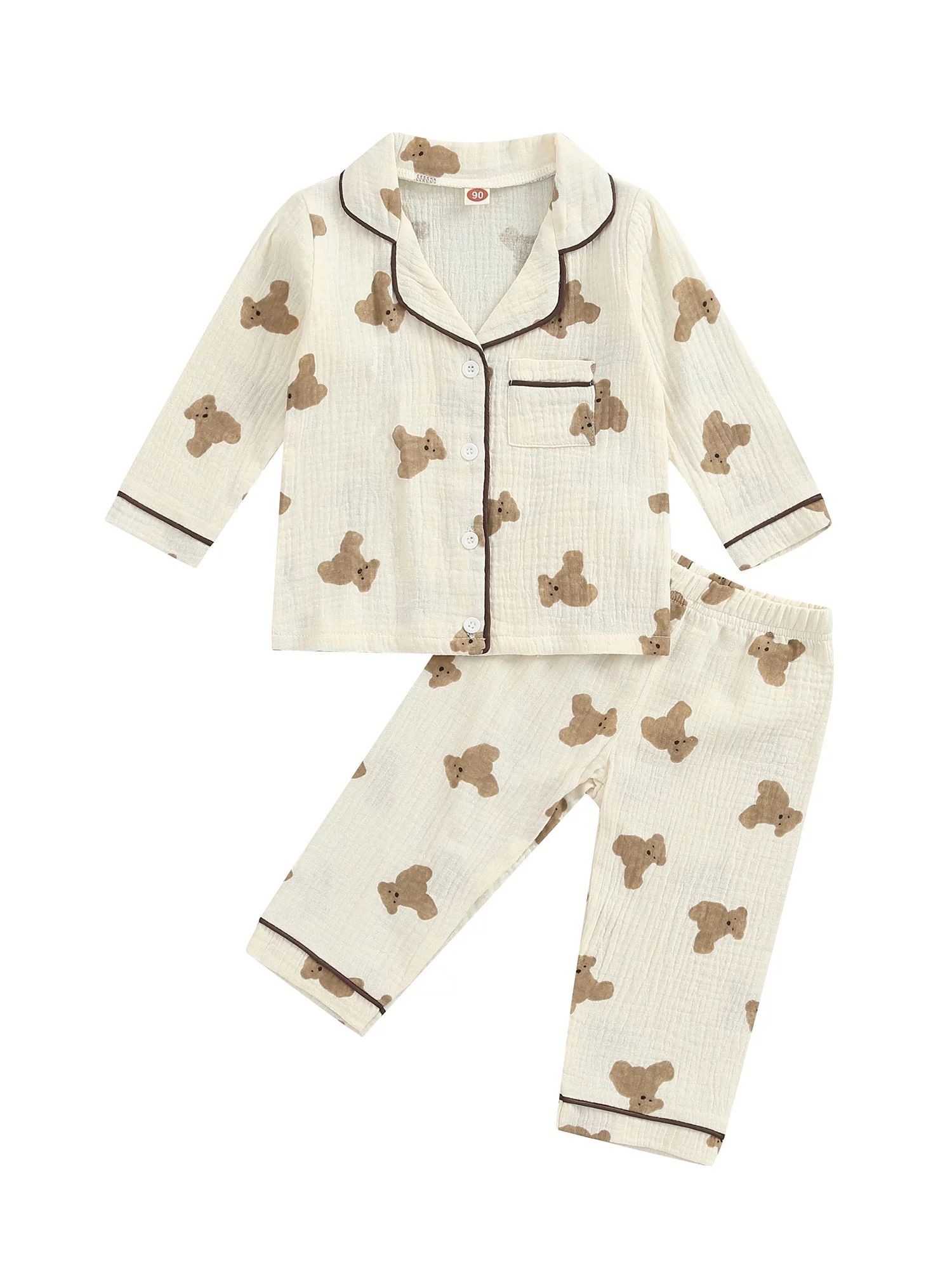 Woshilaocai Toddler Kids Casual Pajama Suit Girls Boys Bear Printed Cotton Long Sleeve Front Pock... | Walmart (US)