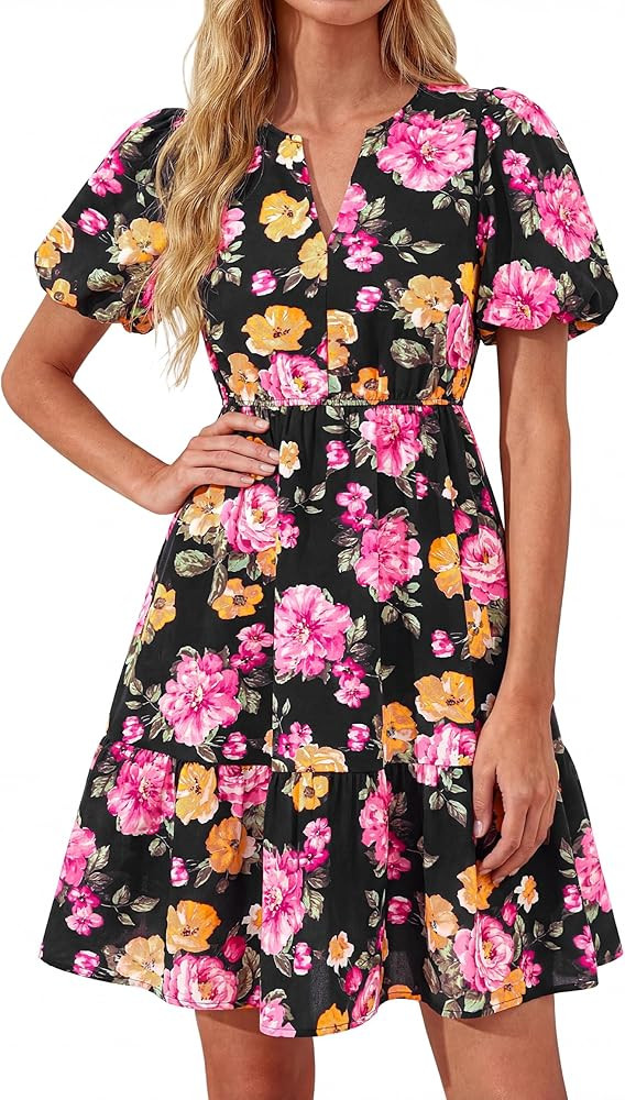 dowerme Women Summer Casual Dresses 2026 Puff Short Sleeve V Neck Floral Boho Midi Dress Flowy Ru... | Amazon (US)