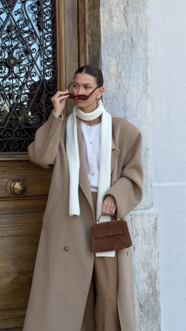 Oversized wool coat, Caroline Herrera bag, neutral outfit, cream scarf, white cardigan, tan trousers, autumn winter outfit, neutrals, warm outfit 

#LTKSeasonal #LTKeurope #LTKstyletip