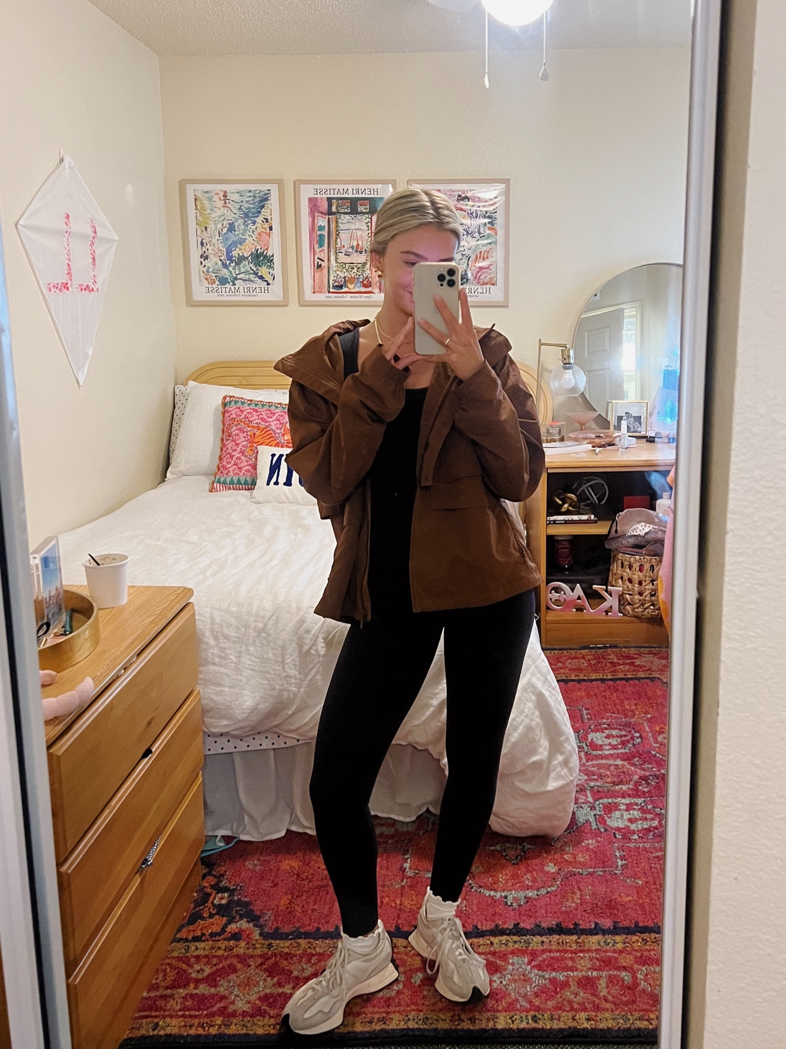 wearing an xs in the body suit!! and stole moms jacket not sure on the size, but I like jackets pretty oversized!