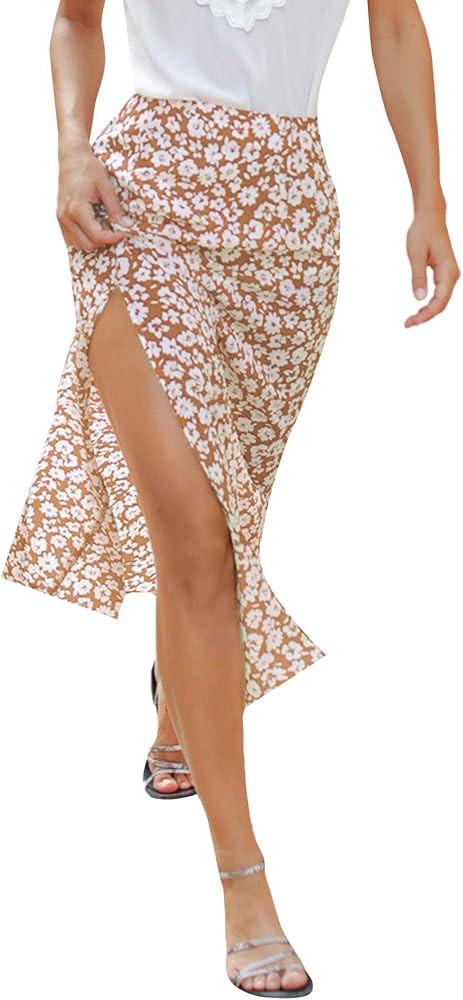 Floerns Women's Boho Floral High Waist Split A Line Midi Skirt | Amazon (US)