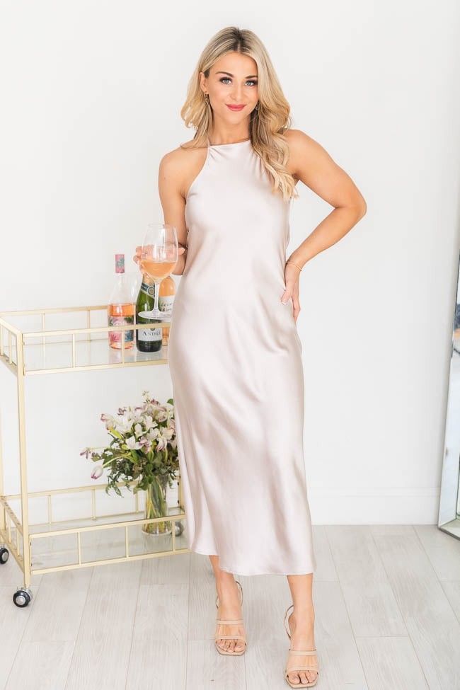 Style Muse Champagne High Neck Satin Midi Dress- Pink Lily Boutique | The Pink Lily Boutique