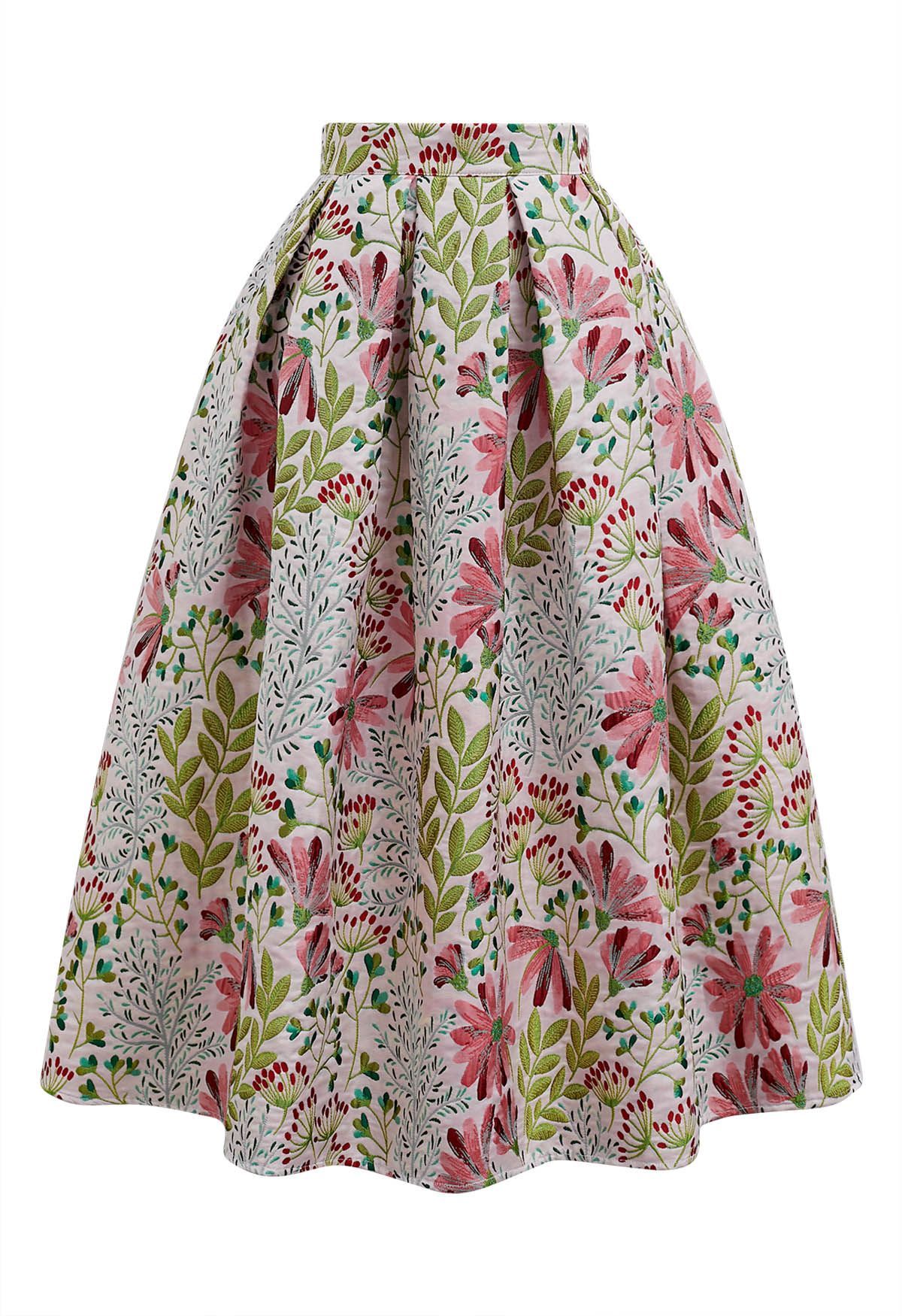Cheerful Daisy Field Jacquard Pleated Midi Skirt | Chicwish