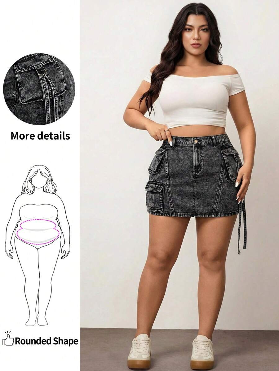 LocalEnliva Plus Size Women Loose Denim Mini Skirt, Retro Washed Casual, Workwear Style, For Appl... | SHEIN