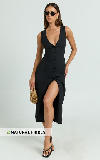 Juliet Midi Dress - Button Through V Neck Dress in Black | Showpo (US, UK & Europe)