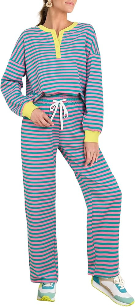 AGSEEM Womens 2 Piece Outfits Quarter Button Long Sleeve Crewneck Lounge Sets With Pockets Winter | Amazon (US)